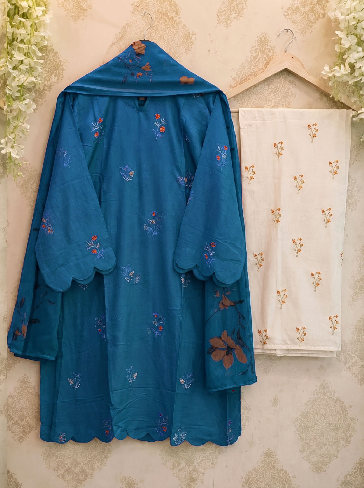Heavy Embroidered Rayon Kurti Set with Palazzo & Dupatta