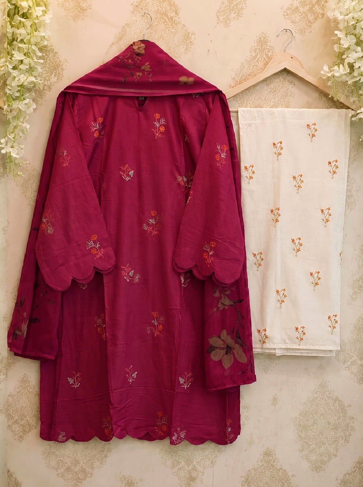 Heavy Embroidered Rayon Kurti Set with Palazzo & Dupatta