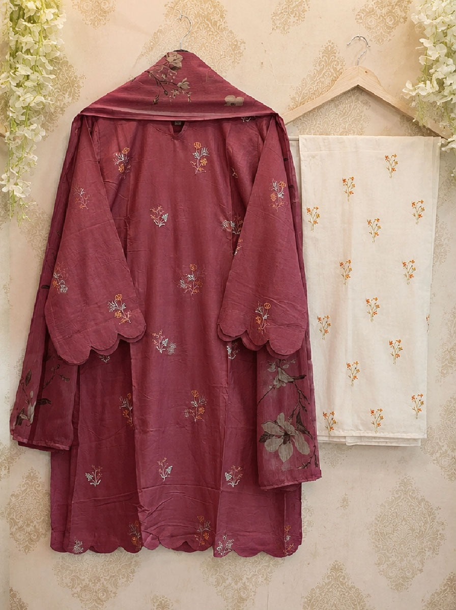 Heavy Embroidered Rayon Kurti Set with Palazzo & Dupatta
